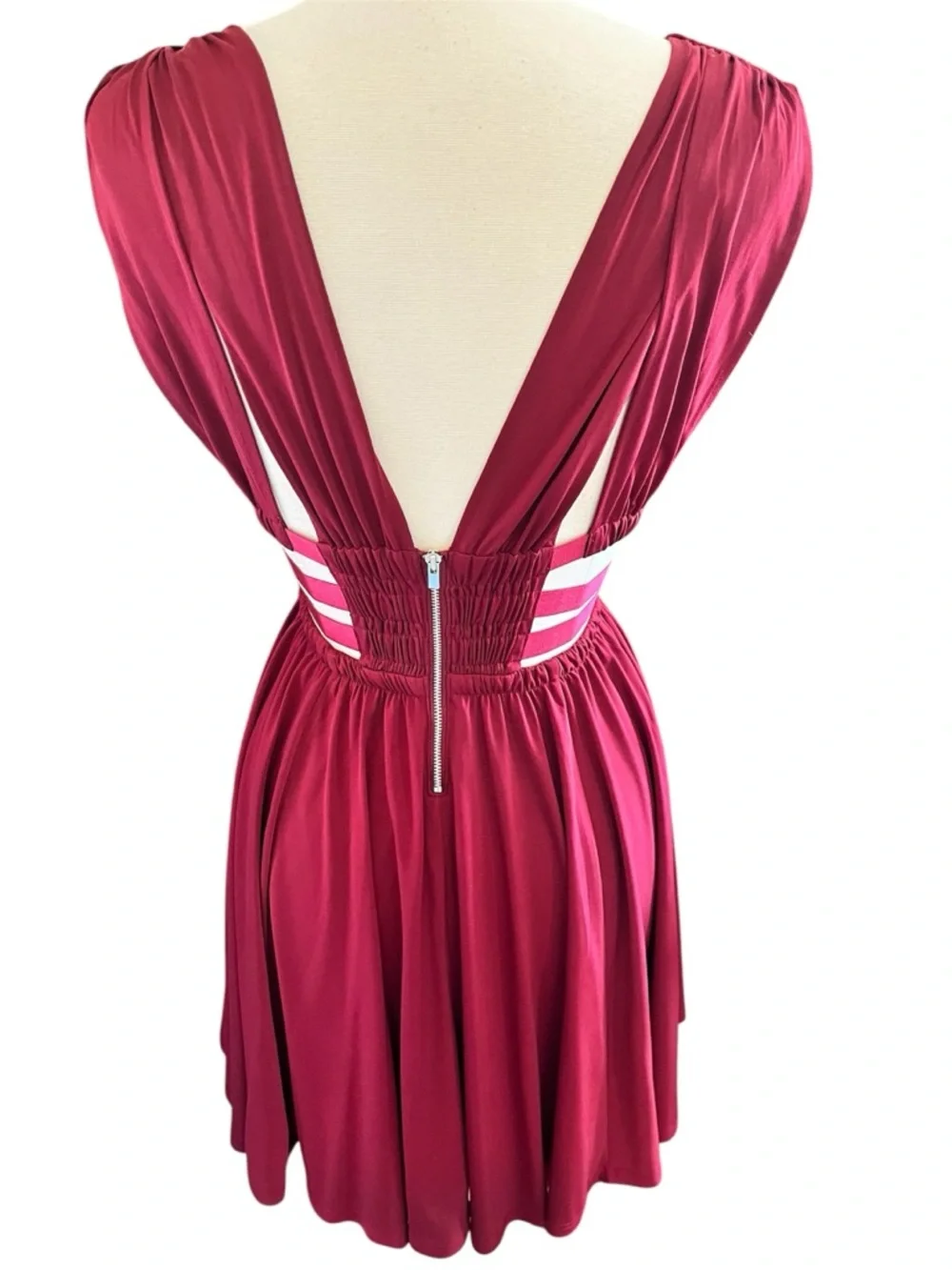 Express Burgundy Greek Goddess Style Mini Dress elastic ribbon Waistband Size S - Picture 4 of 11